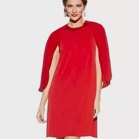 Badgley Mischka Dresses & Skirts - Badgley Mischka Red Dress Jewel Neck w/Matching Chiffon Cape Dress SMALL  &  2X